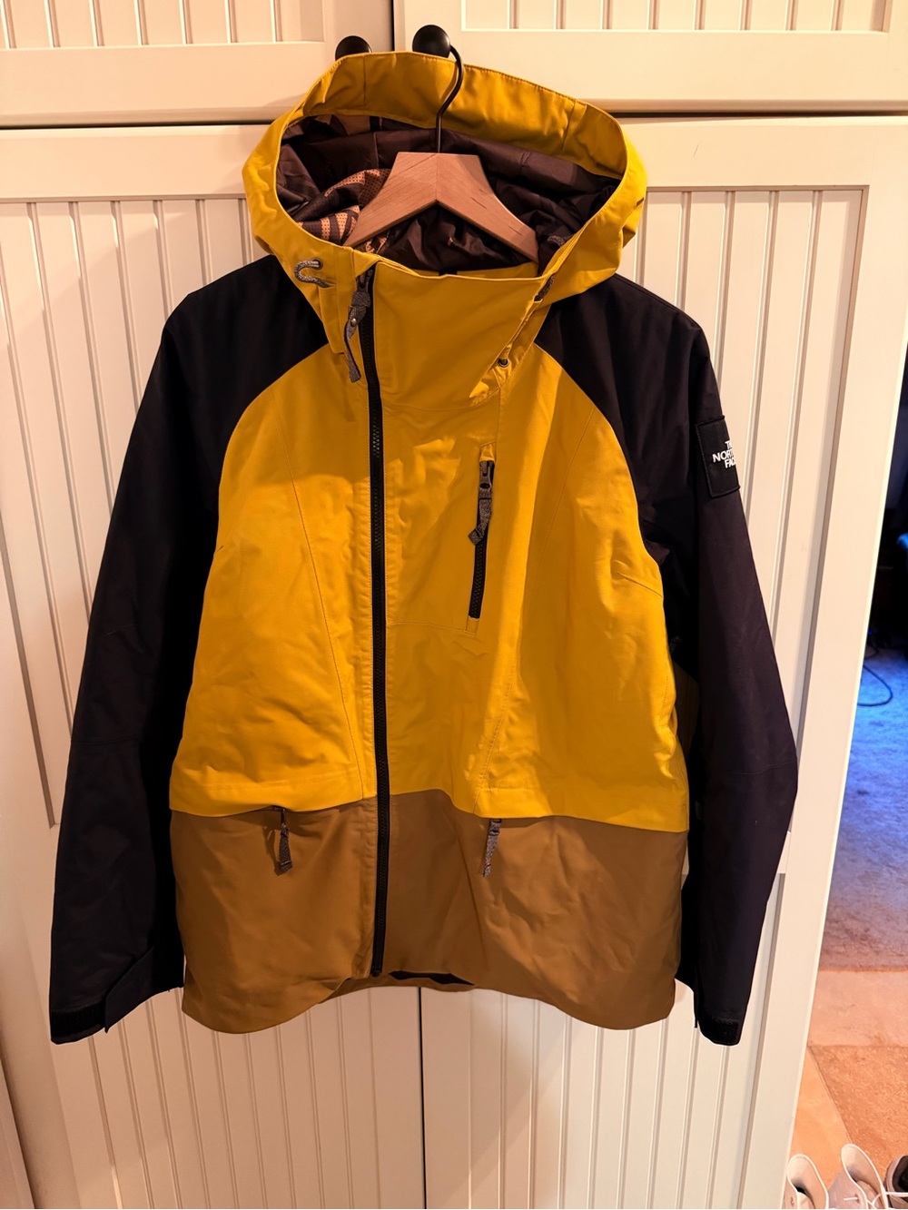The North Face Yellow, Black & Brown Colorblock Ski Jacket with Hood